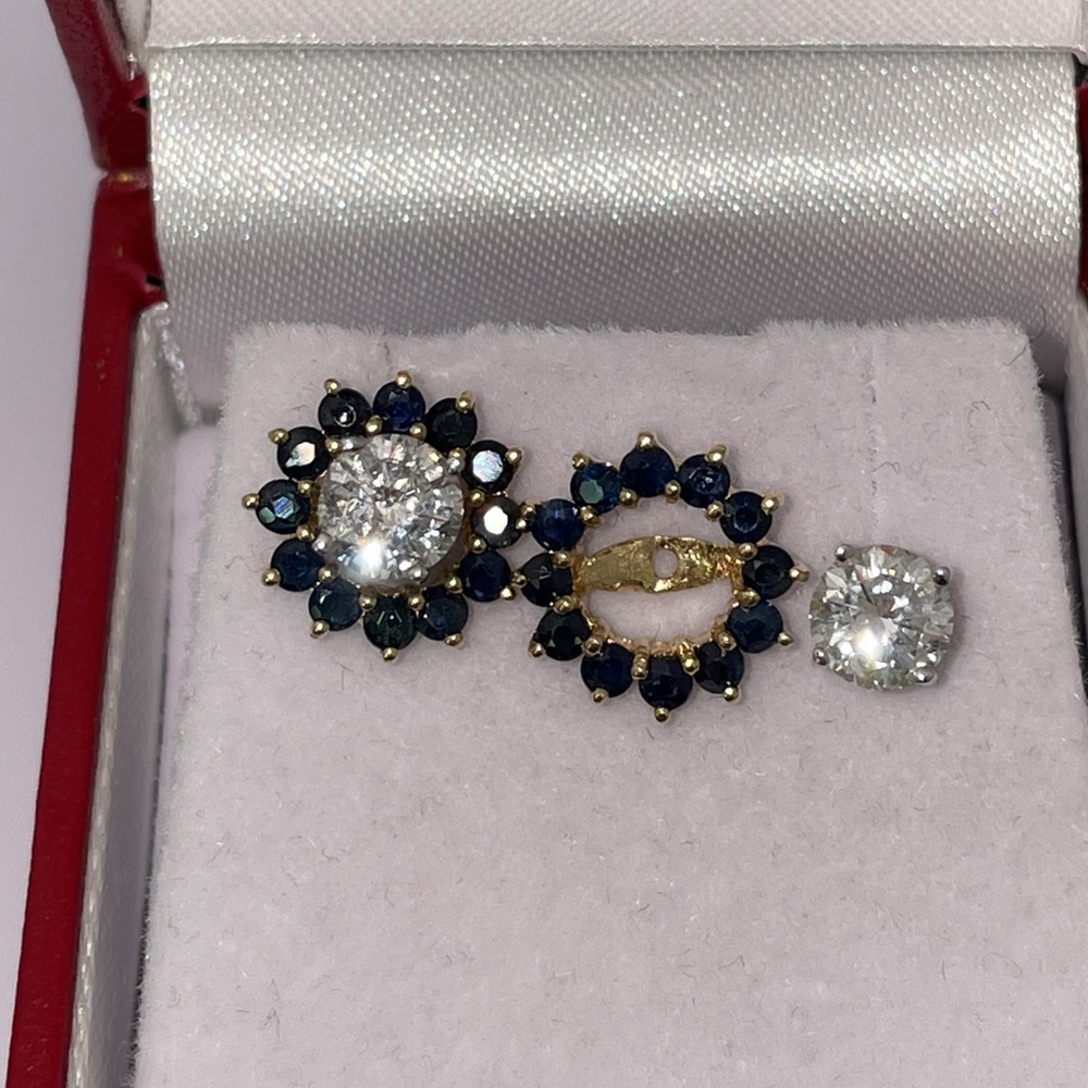 Solid 14K Yellow Gold NATURAL Blue Sapphire Enhancers Jackets for Stud Earrings